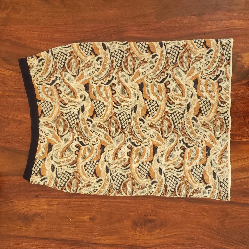 Anthropologie SPARROW Sweater Knit Skirt Abstract Forest Print Navy Tan Mustard - Picture 5 of 10